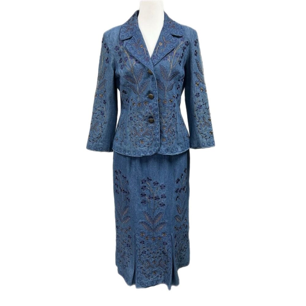 Vintage Ann Gerlin Floral Embroidered Boho Y2K Denim Skirt Blazer Set Sz 8 Blue